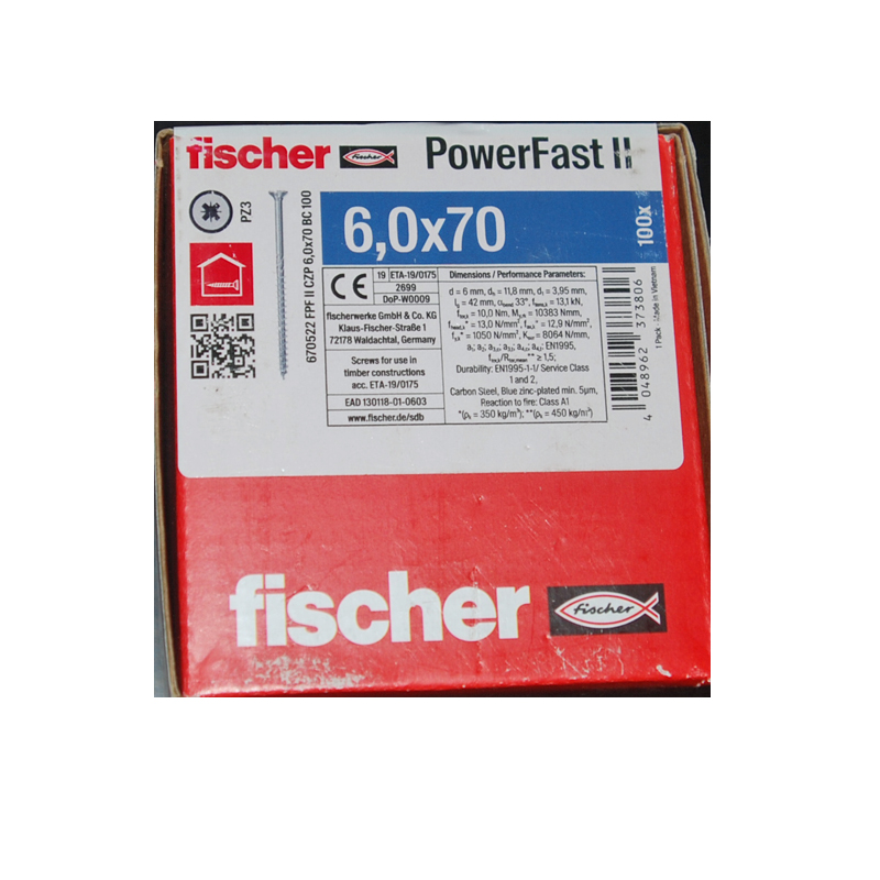 Boite de 100 vis bois zinguées PowerFast FPF II CZP 6 x 70 Tête fraisée empreinte PZ FISCHER ref. 670522